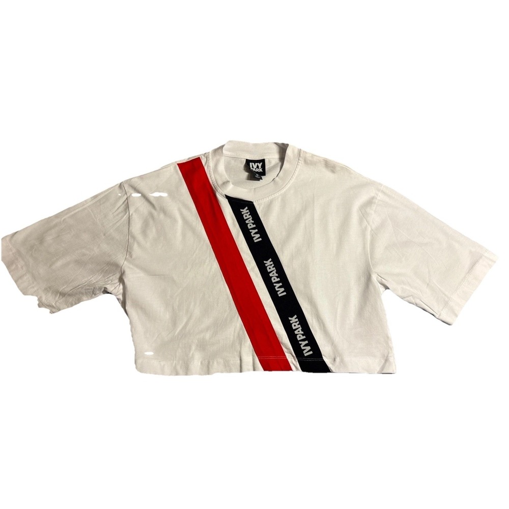 Ivy Park Crop Top Women White Excellent Red Black Logo Stripe Tee Size M